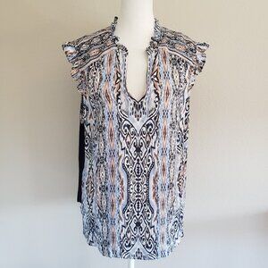 Hale Bob Blouse Top Artsy Silky Front Stretch Back Smocking Ruffles Size L M